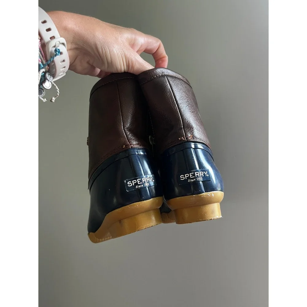 Sperry Saltwater Duck Boots Navy Brown Side Zip Womens 5 / 37 Rain Snow Gorpcore